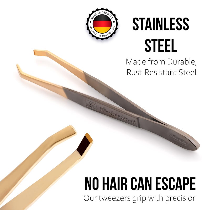 Solingen Tweezers for Eyebrows | Slanted Tip | Professional Stainless Steel |Slanted Tip Tweezers | Best Shaped for Eyebrows Extensions Chin Cheek Face Facial Hair | Made in Germany (Nickel-Gold) - Image 2